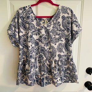 🫐 Bobeau Blue White Paisley Peplum Blouse XL